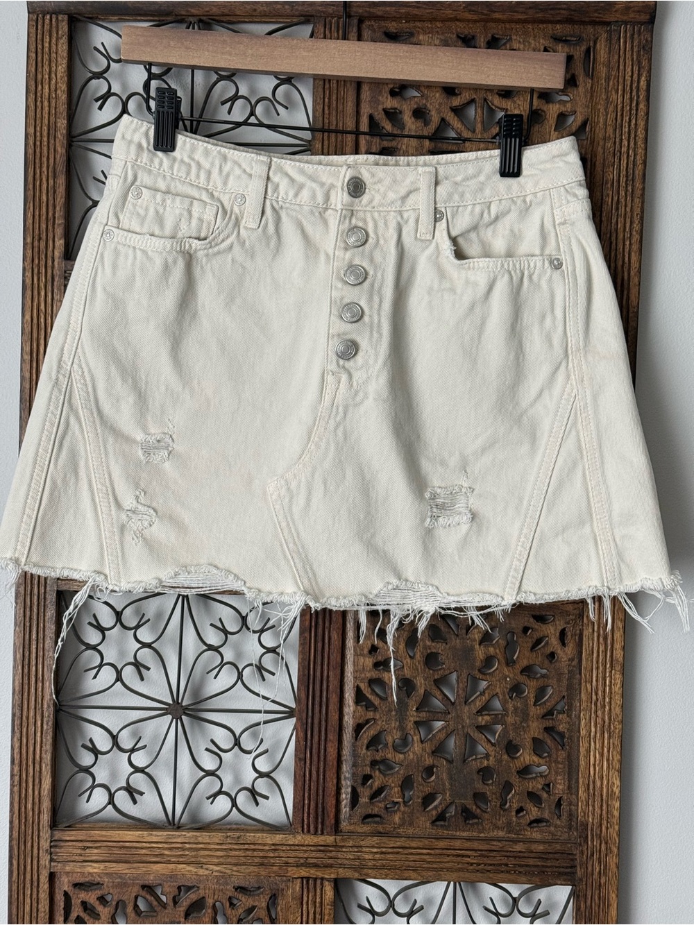We the Free Cream Distressed Button-Front Denim Mini Skirt